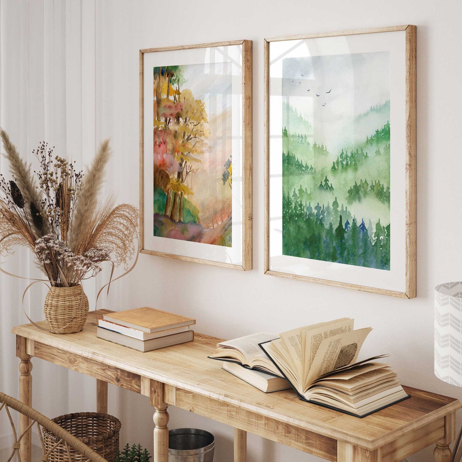 Two framed prints of watercolour landscapes